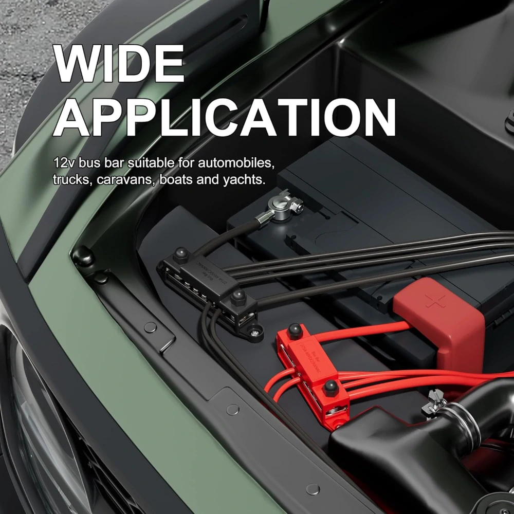 *Napájecí sběrnice 275A 12V/24V/48V – rozvodný blok baterie +/–, 2× M10 (3/8") + 10× M5 | měděný bus bar