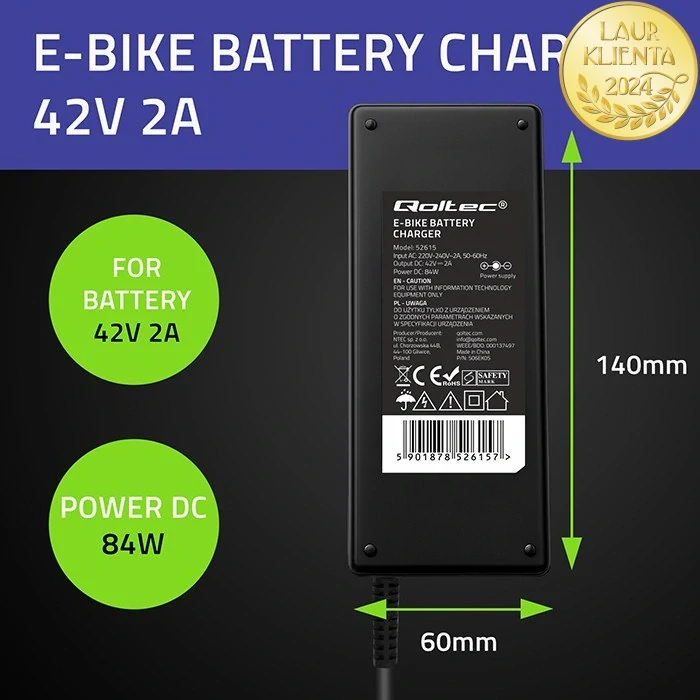 *Qoltec 52615 Nabíječka pro elektrokola 36 V (42 V) 2 A | 3-pin XLR 18 mm | Qoltec