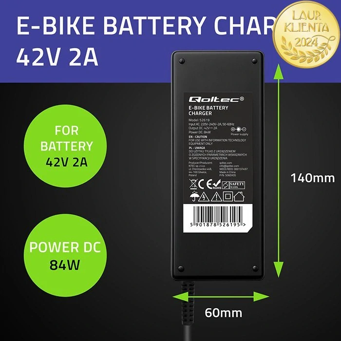 *Qoltec 52619 Nabíječka elektrokola 36V (42V) 2A GX12-3pin | Nabíječka baterie e-bike Qoltec