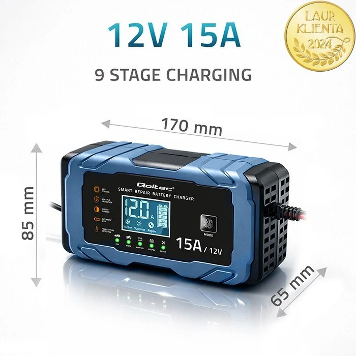 *Qoltec 52666 Qoltec Inteligentní nabíječka baterií 12V 15A | AGM, GEL, LiFePO4 | 9-krokové nabíjení