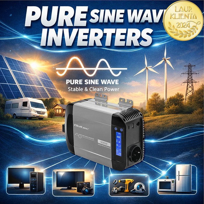 Qoltec 52687 Měnič napětí Qoltec 12V → 230V 300W/600W čistá sinusovka | LCD | USB | USB-C | pro LiFePO4 a AGM baterie