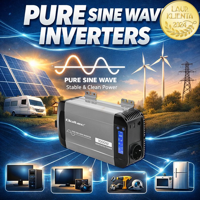 Qoltec 52688 Měnič napětí Qoltec 12V → 230V 500W/1000W čistá sinusovka | LCD | USB | USB-C | pro LiFePO4 a AGM baterie