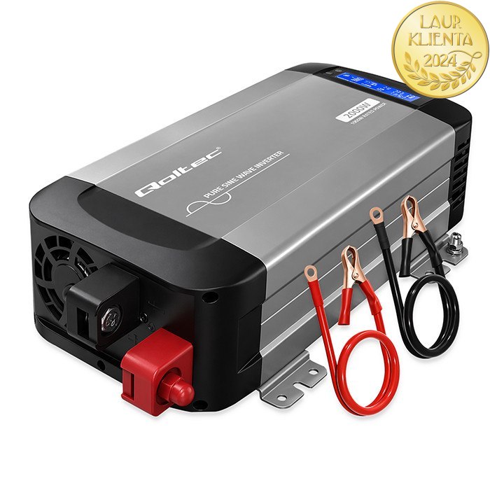 Qoltec 52689 Měnič napětí Qoltec 12V → 230V 1000W/2000W čistá sinusovka | LCD | USB | USB-C | pro LiFePO4 a AGM baterie