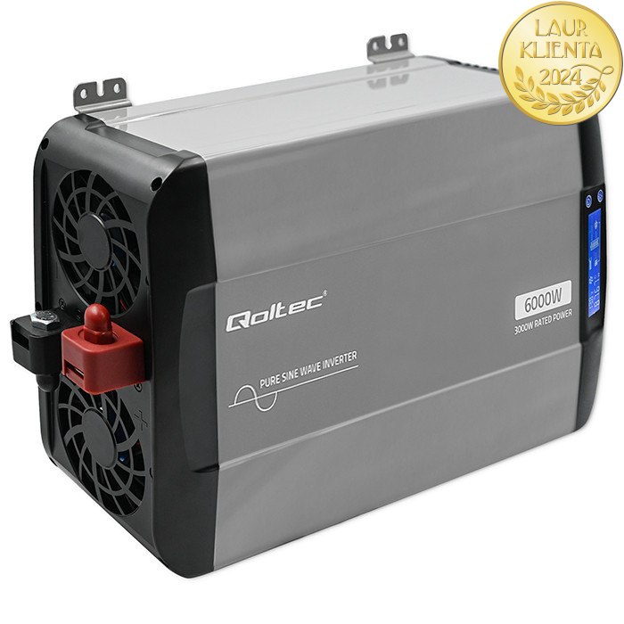 Qoltec 52693 Měnič napětí Qoltec 12V → 230V 3000W/6000W čistá sinusovka | LCD | USB | USB-C | pro LiFePO4 a AGM baterie