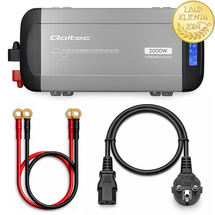 Qoltec 52697 Měnič napětí Qoltec 12V → 230V 1000W/2000W čistá sinusovka | UPS Bypass mode | LCD | USB | USB-C | pro LiFePO4 a AGM baterie