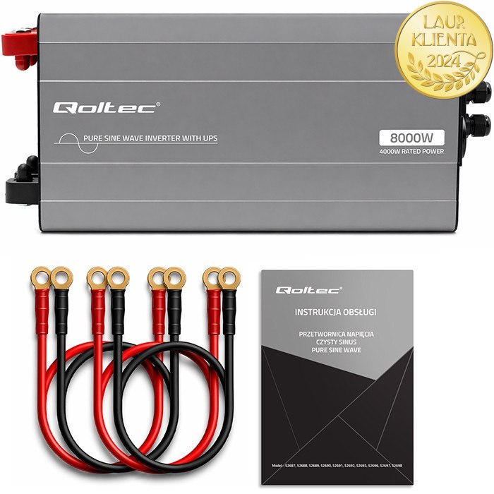 Qoltec 52699 Měnič napětí Qoltec 12V → 230V 4000W/8000W čistá sinusovka | UPS Bypass mode | USB | USB-C | pro LiFePO4 a AGM baterie