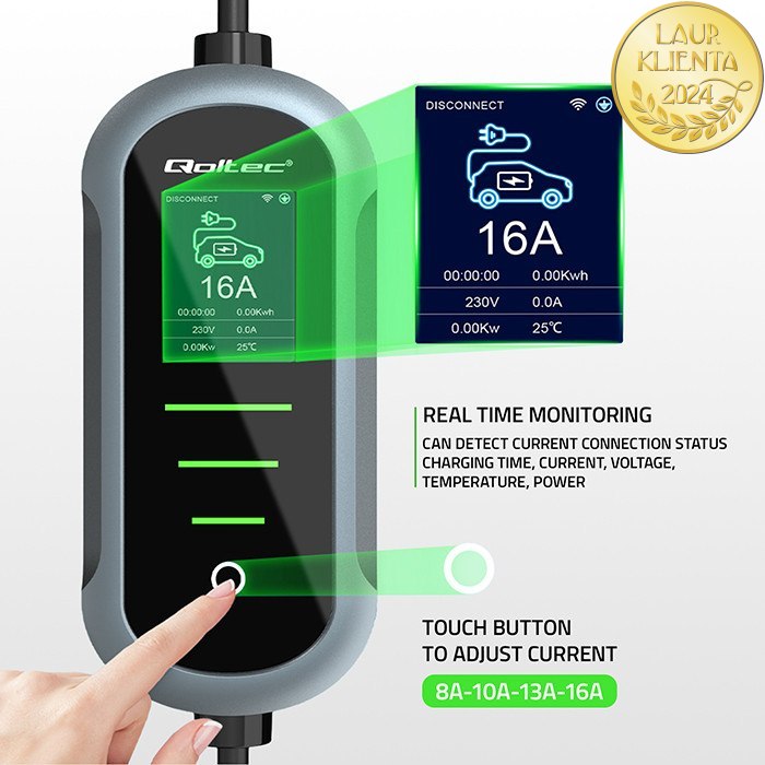 Qoltec 52720 Mobilní nabíječka Qoltec 2 v 1 Typ 2 – 11kW | 400 V | CEE 16A | Wi-Fi | TUYA | SMART LIFE | Nastavitelný proud | 5 m kabel
