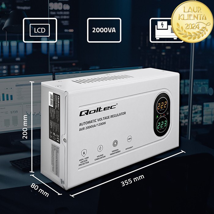 Qoltec 50449 AVR 2000VA (1200W) – Automatický stabilizátor napětí 230 V | Toroidní transformátor