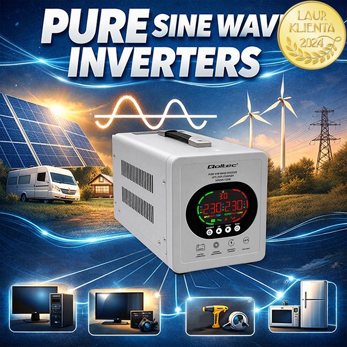 Qoltec 50451 UPS Čistá Sinusoida 1000VA/720W AVR LCD | Záložní zdroj 12V/230V pro LiFePO4 AGM GEL