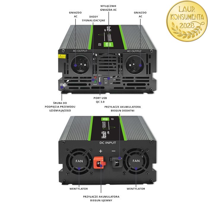 *Qoltec 51939 Měnič napětí 24V/230V 2000W (4000W) čistý sinus | Karavan, LiFePO4, solární systém.