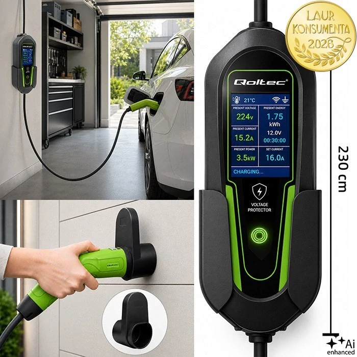Qoltec 53180 Mobilní nabíječka EV 2v1 Typ 2 | 3,5 kW | 230 V Schuko 16 A | Wi-Fi Tuya Smart Life | 5 m