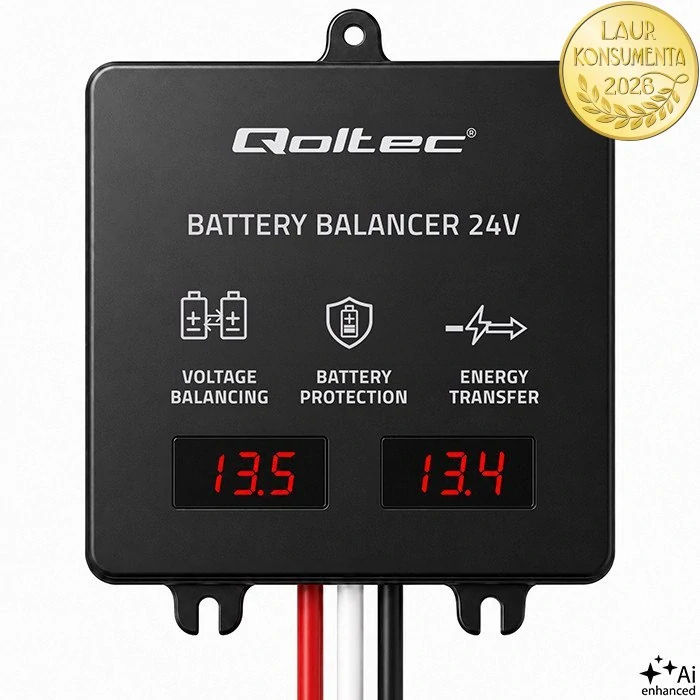 Qoltec 51078 24V napěťový balancer pro 2×12V baterie | 5A | AGM, GEL, LiFePO4 | LED displej