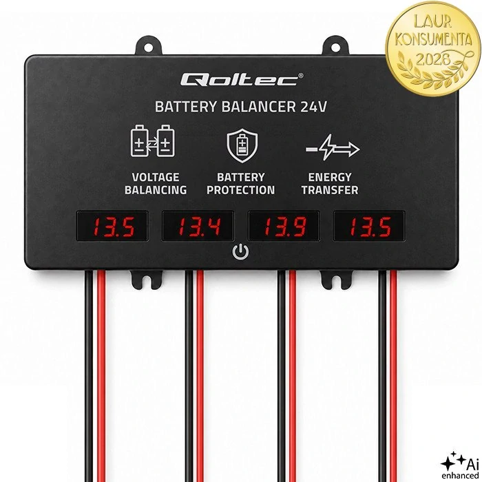 Qoltec 51079 Balancer baterií 48V 4×12V | 10A | LiFePO4 AGM GEL | LED displej