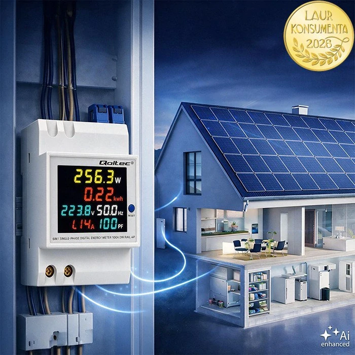 Qoltec 50977 Jednofázový elektroměr 6v1 na DIN lištu TH35 | 230 V | 100 A | LCD | CT | 3P