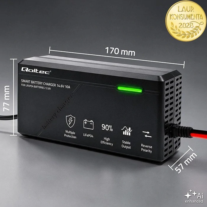 Qoltec 52670 Nabíječka pro LiFePO4 baterie 12,8V | 10A | 14,6V | 150W | CC/CV | LED