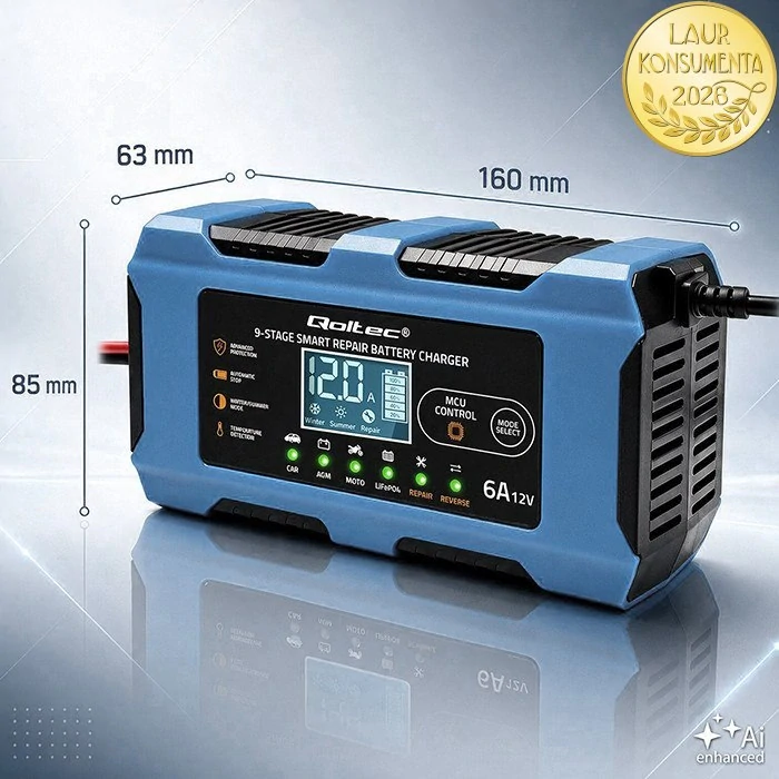 Qoltec 52669 Chytrá mikroprocesorová nabíječka baterií 12V 6A | LiFePO4 AGM GEL | 9 stupňů | Repair | LCD