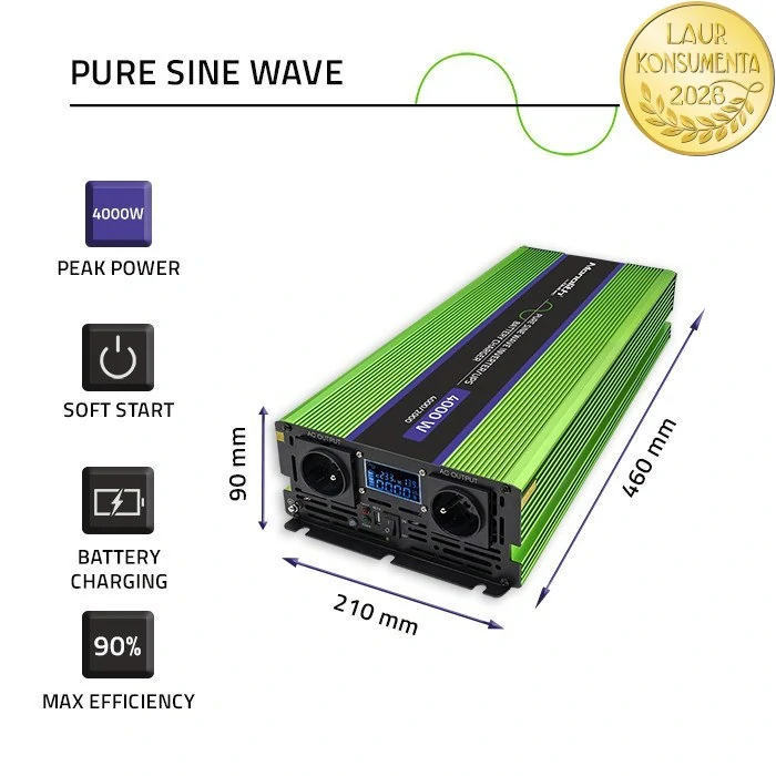 Qoltec 51943 měnič 12V/230V 2000W (4000W špička), čistý sinus, UPS + nabíječka 15A, LCD