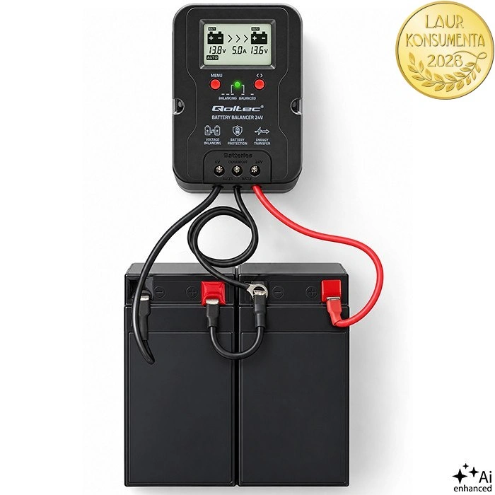 Qoltec 51099 Balanser baterií 24V 5A pro 2× 12V | AGM, GEL, LiFePO4 | LCD