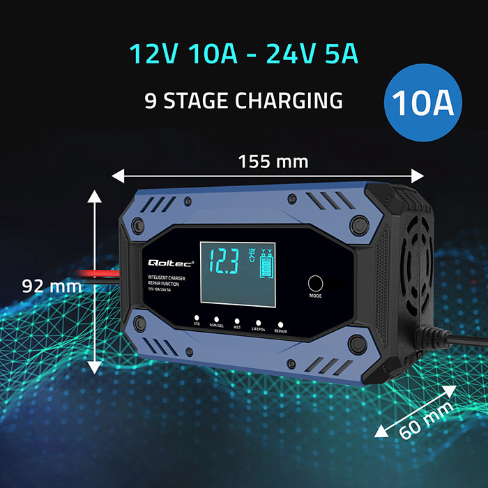*Qoltec 52482 Inteligentní nabíječka baterií STD AGM GEL LiFePO4 | s funkcí opravy |12-24V |10A | LCD | 9 – stupňů nabíjení