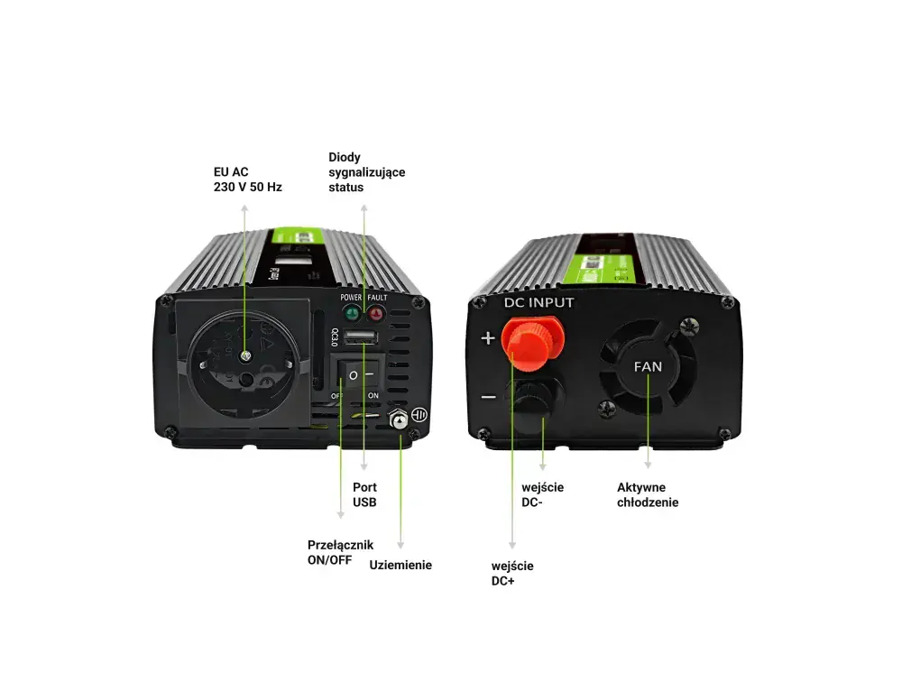 *Green Cell INVGC12P500LCD Měnič napětí z 12V na 230V, 500W/1000W - čistá sinusoida s LCD displejem