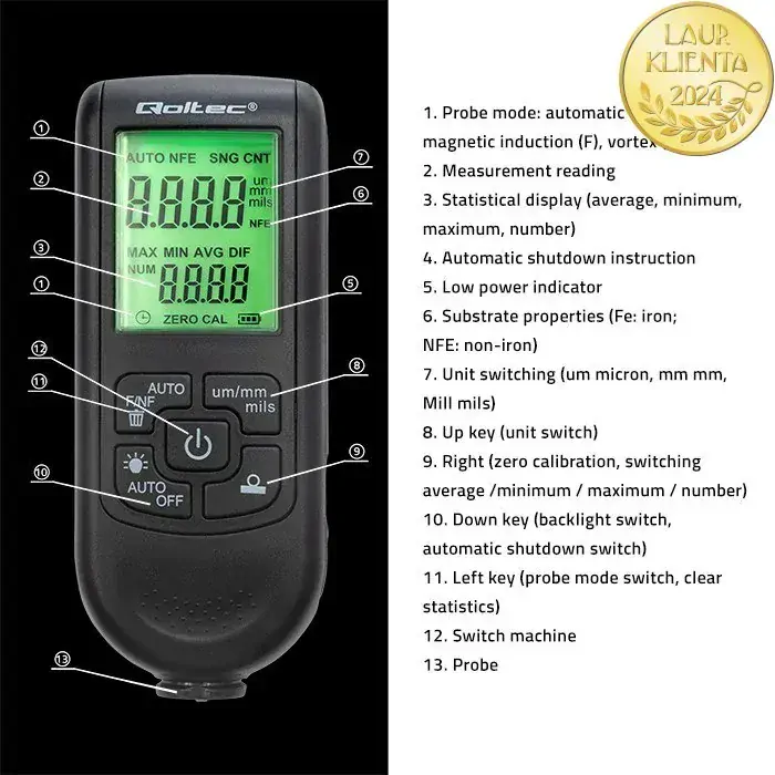 *Qoltec 50630 Měřič tloušťky láku s LCD displejem | 0~2000um