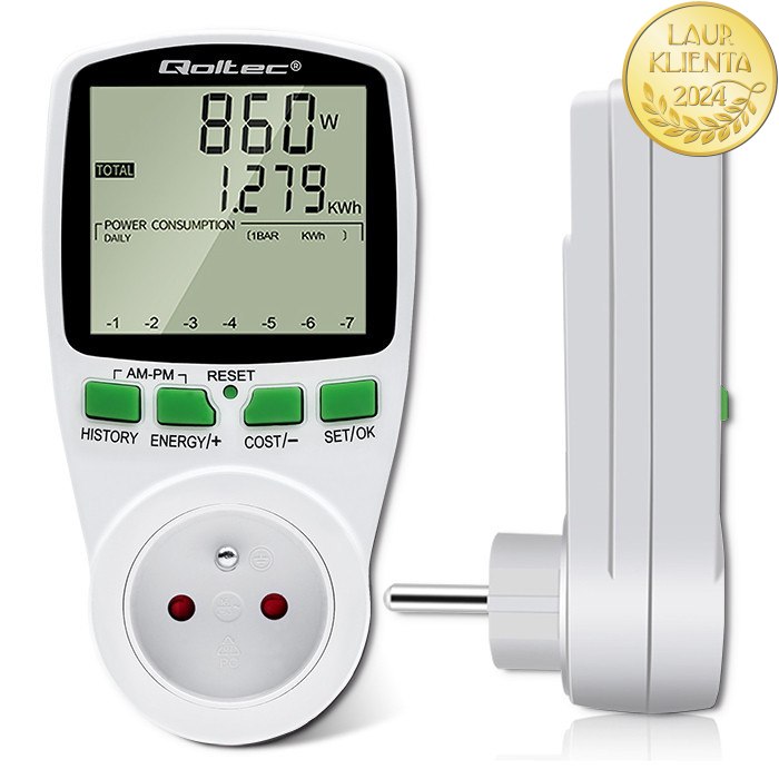 *Qoltec 50627 Měřič spotřeby energie Qoltec PM0627 s historií měření | 3680W | 16A | LCD