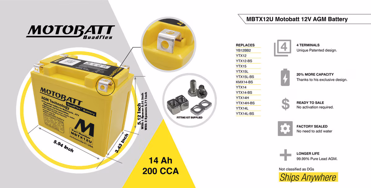 Motobatt MBTX12U AGM motobaterie 12V 14Ah 200A | Náhrada YTX12-BS, YTX14-BS, YTX14L-BS | Oficiální CZ distribuce
