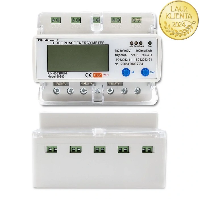 *Qoltec 50883 Třífázové elektronické počítadlo | měřič spotřeby energie na DIN lištu | Wifi | TUYA | 400V | LCD |