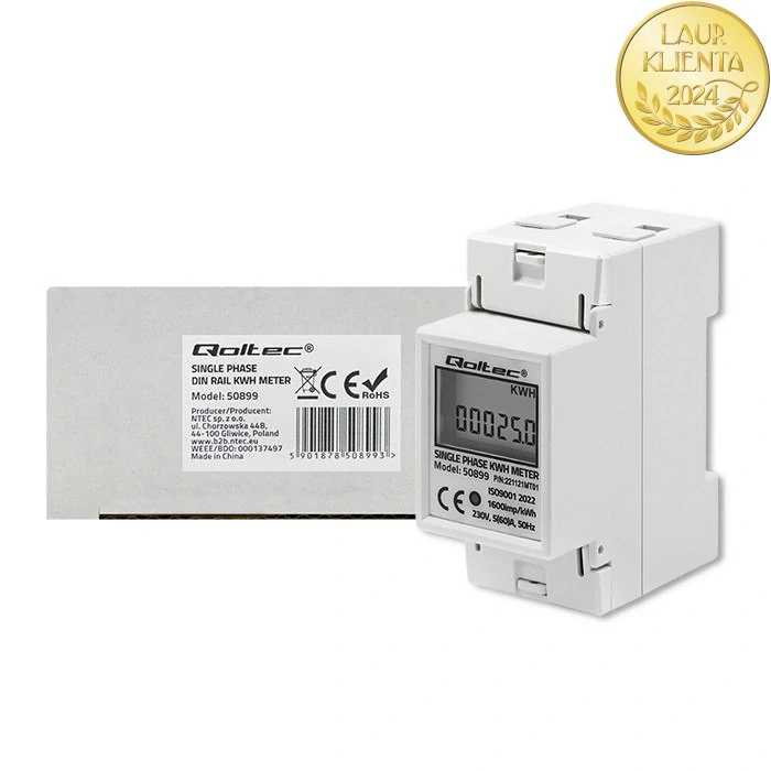*Qoltec 50899 Jednofázové elektronické počítadlo | měřič spotřeby energie na DIN lištu | 230V | LCD | 2P