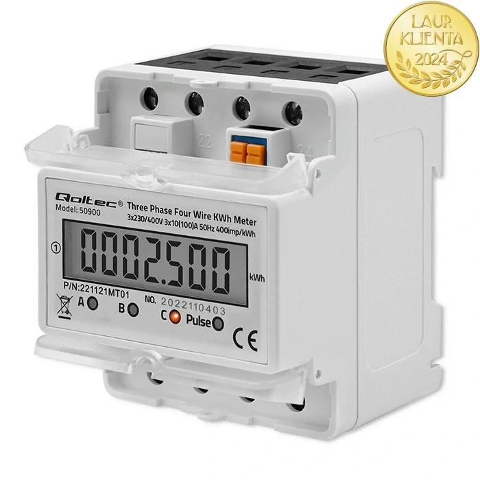 *Qoltec 50900 Třífázové elektronické počítadlo | měřič spotřeby energie na DIN lištu | 400V | LCD | 4P