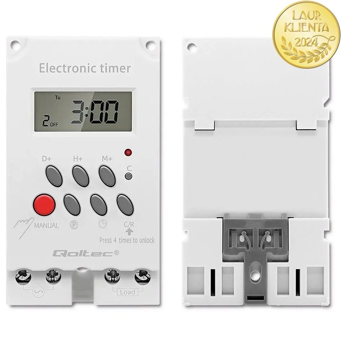 Qoltec 50629 Elektronický časovač PC0629 na lištu DIN | LCD