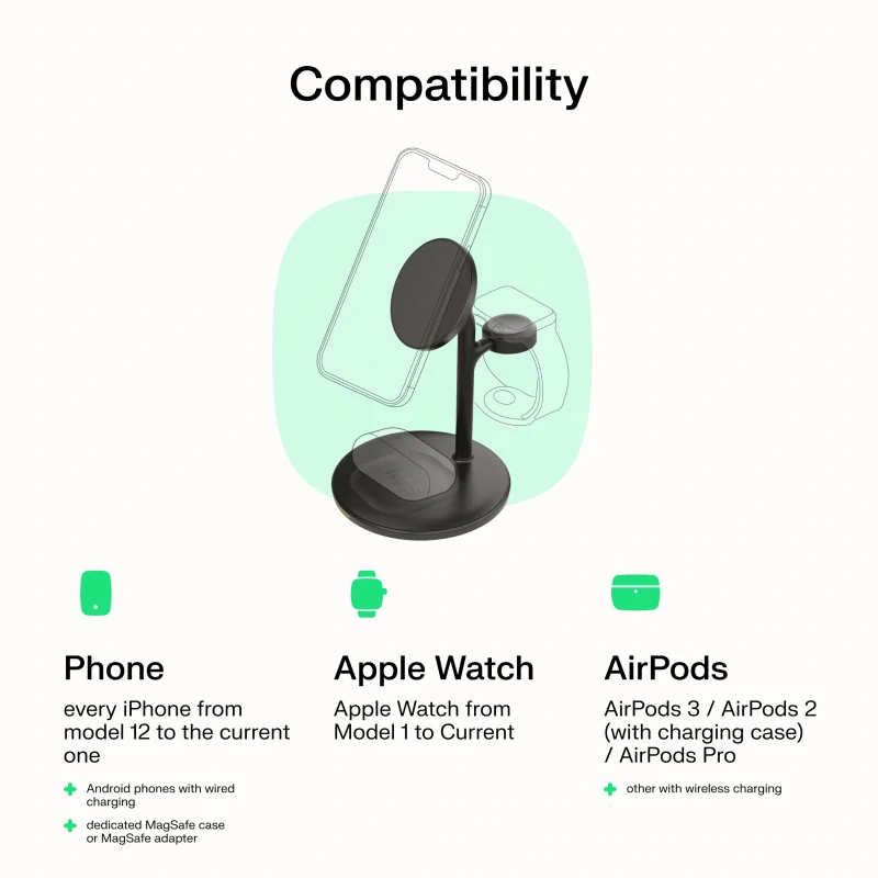 *Greencell MSST-GC-3IN1-W Nabíječka MagScape bílá - Indukční stojánek 3v1 MagSafe pro Apple iPhone / Watch / AirPods a další bezdrátová sluchátka