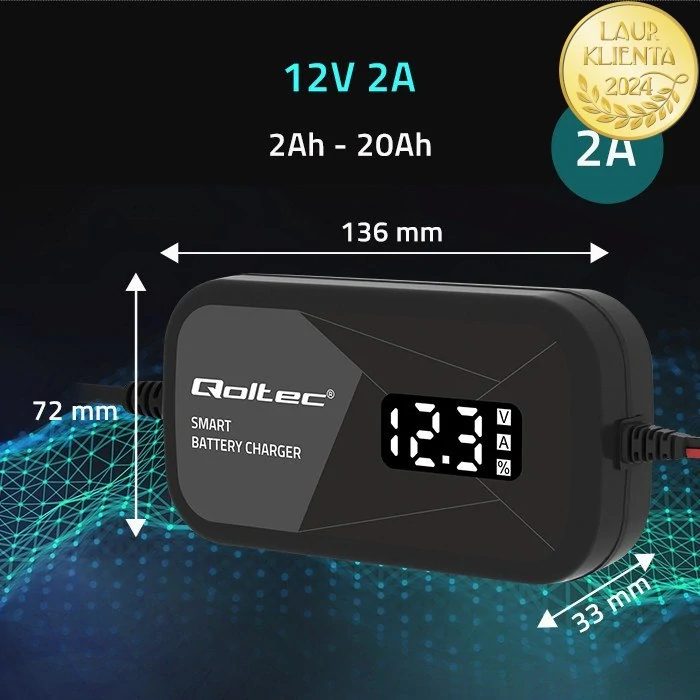 *Qoltec 52492 Inteligentní 12V Mikroprocesorová Nabíječka s LCD | 2A | Regenerace AGM GEL Baterií