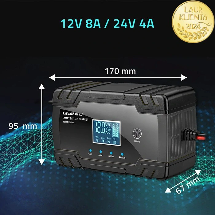 Qoltec 52490 Inteligentní 12V 8A | 24V 4A Mikroprocesorová Nabíječka s LCD | Regenerace AGM GEL Baterií