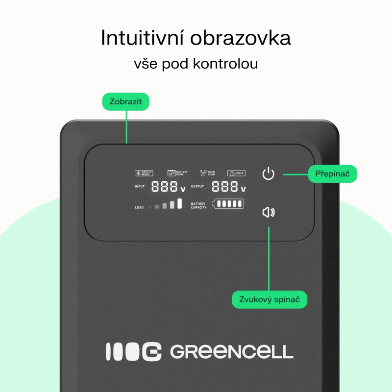Green cell UPSLPPC1200 Záložní Napájení AVR UPS 2000VA 1200W PowerCore 24 VDC s LCD displejem, čistý sinus