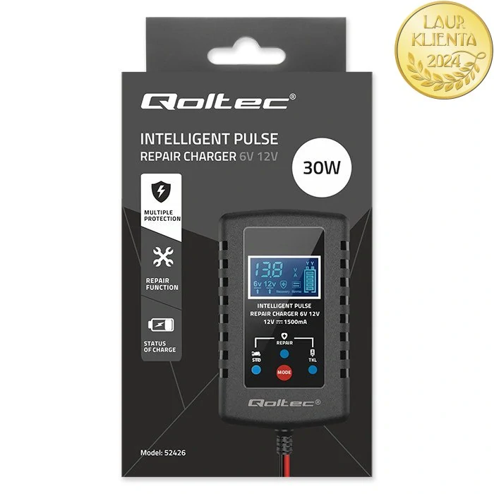*Qoltec 52426 Automatická nabíječka baterií Qoltec AGM GEL STD 6V/12V 2A | Nabíječka s funkcí opravy a LED displejem