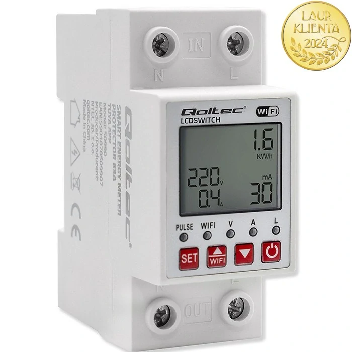 *Qoltec 50990 Relé Qoltec 63A na DIN lištu s elektroměrem | Časovač | Tuya  | Wi-Fi | LED