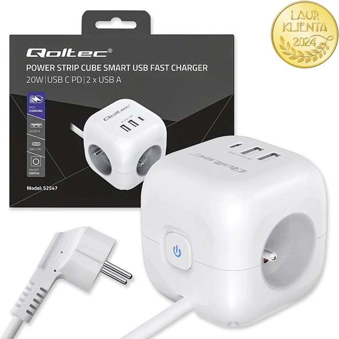 *Qoltec 52547 Napájecí kostka 6v1 | 3× AC zásuvky + 2× USB + 1× USB-C PD 20W | Bílá | Kabel 2m