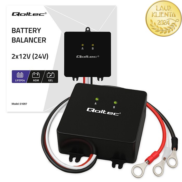 *Qoltec 51097 Balancer 24V Vyrovnávač napětí Qoltec 24V pro 2 x 12V | 5A | LiFePO4 AGM gelové baterie