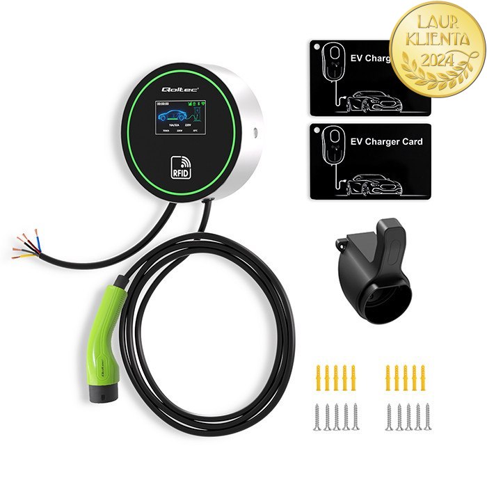 WallBox Nabíjecí stanice pro elektromobily Qoltec 2 v 1 Typ 2 | 22 kW | Wi-Fi | | LCD | 3 fáze | Wallbox | Aplikace Smart Life | RFID | 5 m