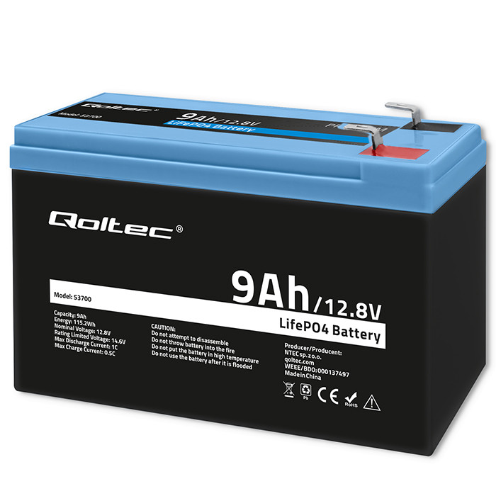 *Qoltec 53700 LiFePO4 lithiová železná fosfátová baterie | 12,8 V | 9 Ah | 115,2 Wh | BMS