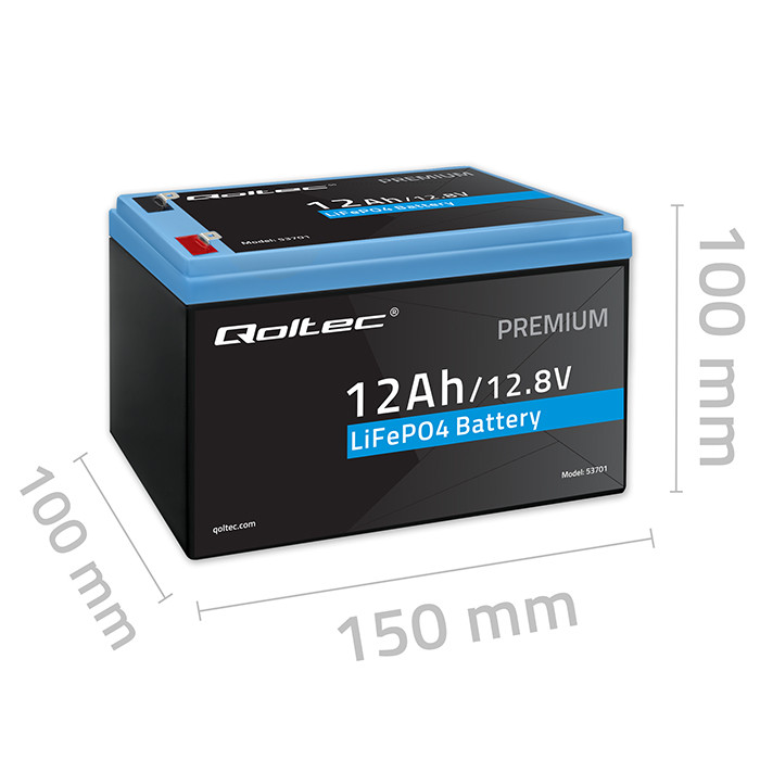 *Qoltec 53701 LiFePO4 lithiová železná fosfátová baterie | 12,8 V | 12 Ah | 153,6 Wh | BMS