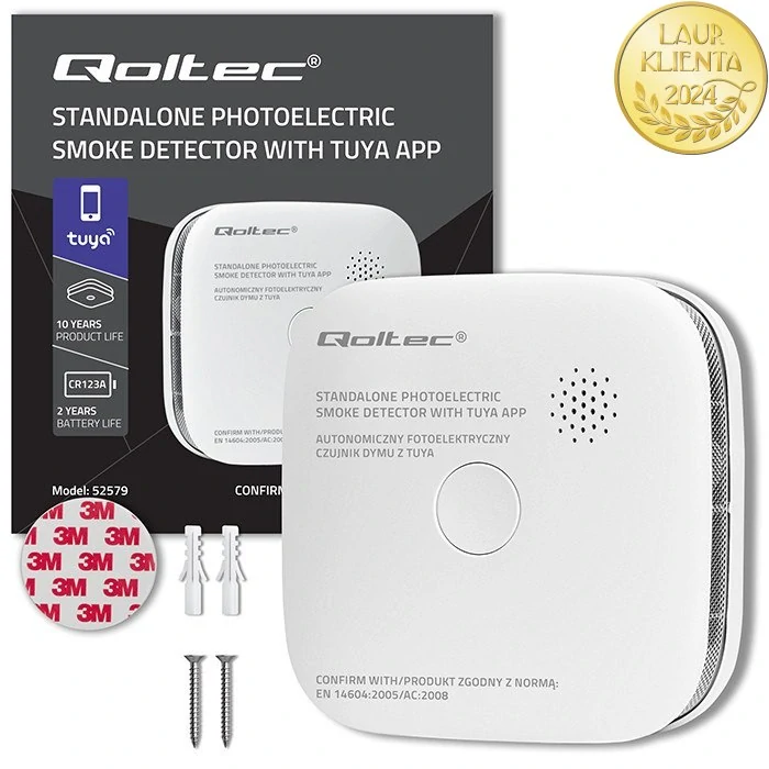 *Qoltec 52579 Bezdrátový detektor kouře Wi-Fi Tuya s LED indikací | Certifikovaný alarm 85 dB | Životnost senzoru 10 let | Baterie součástí