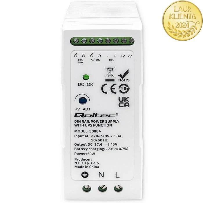 Qoltec 50884 | DIN napájecí zdroj s funkcí UPS 27,6 V DC / 60 W