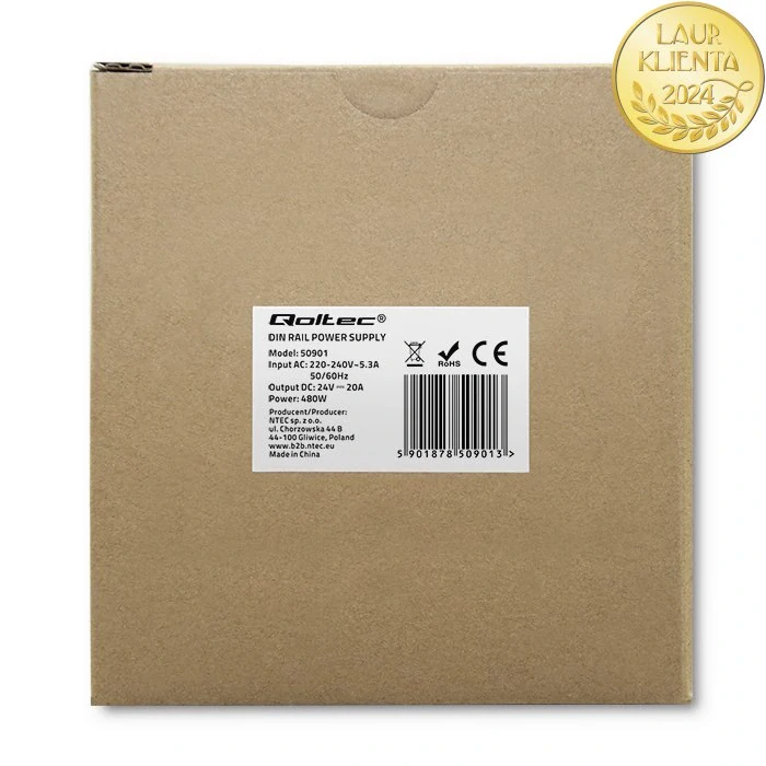Qoltec 50901 – Průmyslový napájecí zdroj na DIN lištu 480 W / 24 V / 20 A