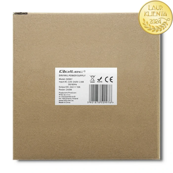 Qoltec 50997 – Průmyslový napájecí zdroj na DIN lištu 240 W / 24 V / 10 A