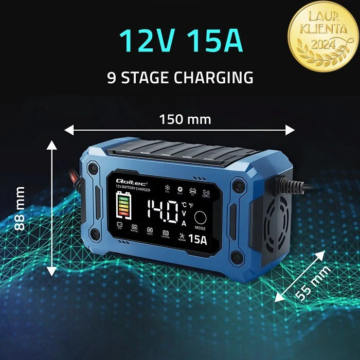 *Qoltec 52496 Intelligent Charger 12 V 15 A | Mikroprocesorová nabíječka LiFePO₄ / AGM / GEL s LCD displejem a režimem 14 V pro údržbu napětí