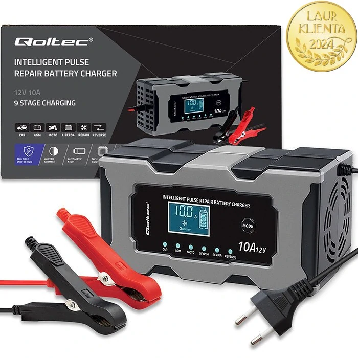 *Qoltec 52493 Inteligentní nabíječka baterií řízená mikroprocesorem LiFePO4, AGM, GEL, STD, WET | s funkcí opravy | 12V | 10A | LCD | 5 – režimu nabíjení