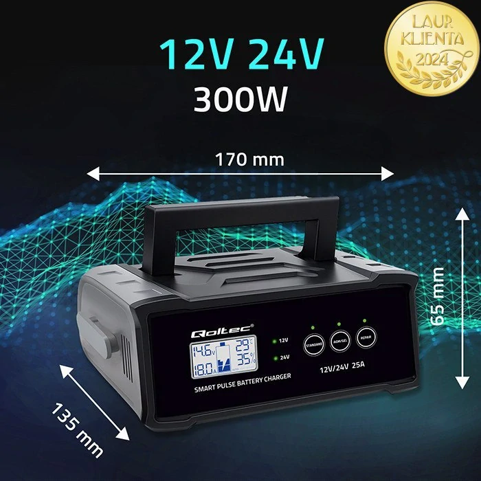 *Qoltec 52514 Mikroprocesorová nabíječka 12 V 25A / 24 V 12A s LCD a funkcí opravy AGM GEL SLA WET od 20Ah do 300Ah