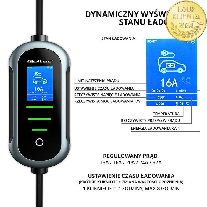 *Qoltec 52437 Mobilní nabíječka Qoltec 2 v 1 Typ 2 – 22kW | 400 V | CEE 32A | Wi-Fi | TUYA | SMART LIFE | Nastavitelný proud | 7 m kabel